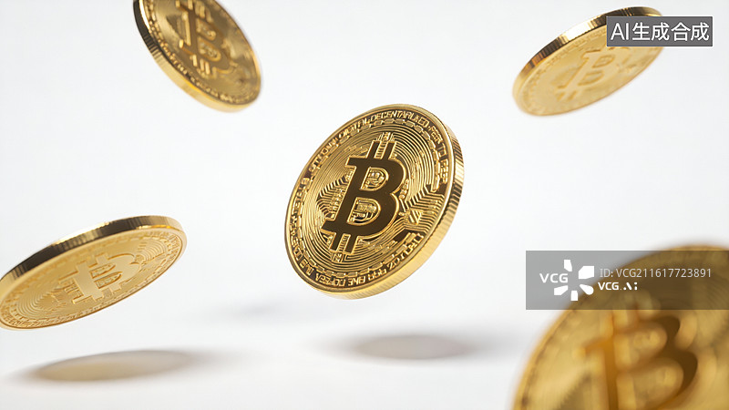 【AI数字艺术】金色比特币硬币空中飘落图片素材