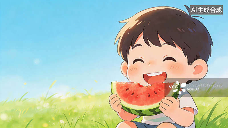 【AI数字艺术】小男孩吃西瓜的快乐瞬间图片素材