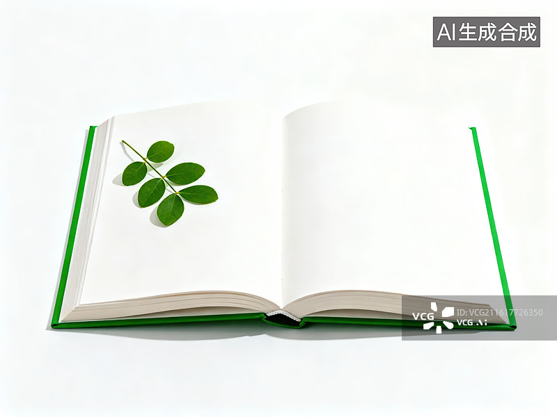 【AI数字艺术】绿叶置于打开的书页上图片素材