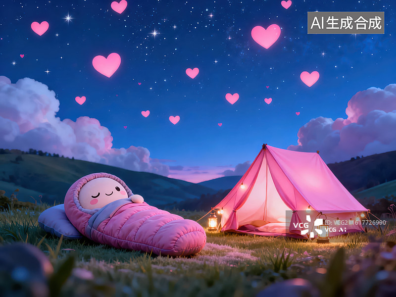 【AI数字艺术】星空下粉色帐篷与睡袋图片素材