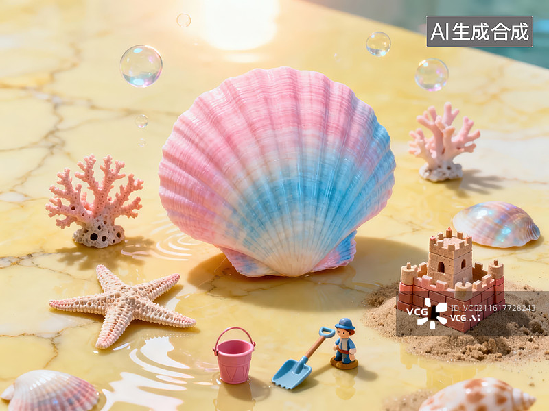 【AI数字艺术】沙滩贝壳与玩具城堡图片素材