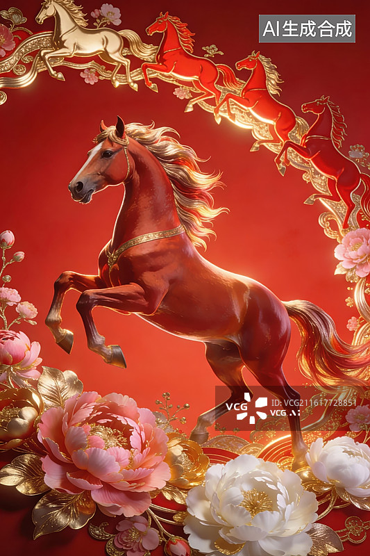 【AI数字艺术】红色背景上的骏马与花卉图片素材