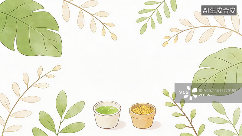 【AI数字艺术】绿叶环绕的茶杯与谷物图片素材