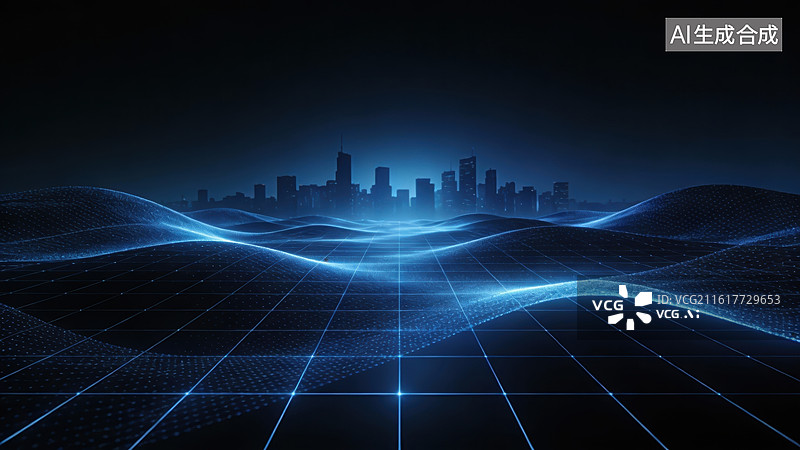 【AI数字艺术】未来城市夜景与波浪网格图片素材