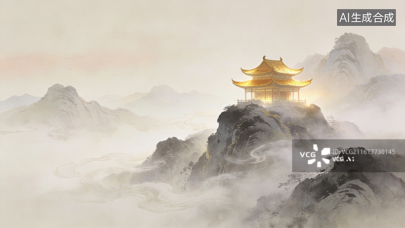 【AI数字艺术】云雾缭绕山巅古亭图片素材