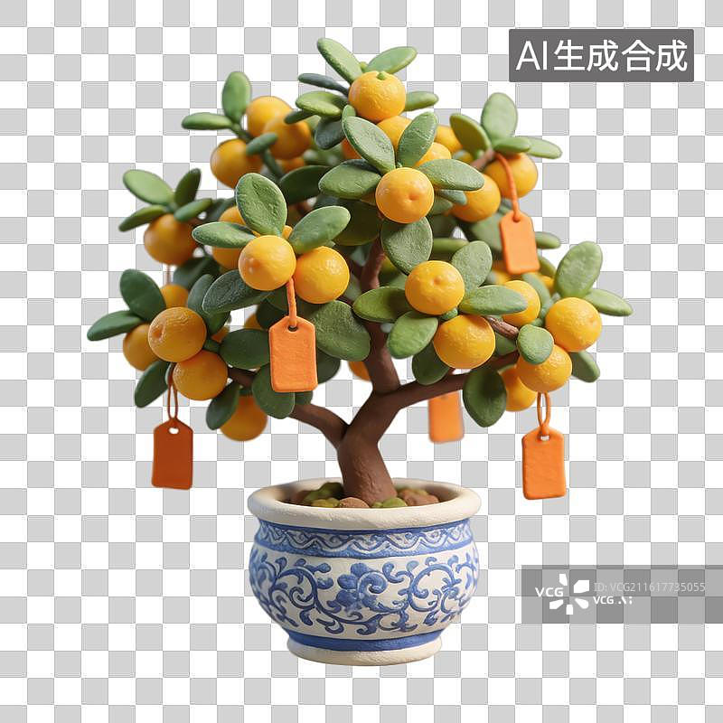 【AI数字艺术】3D粘土风带标牌的金桔盆栽年俗吉祥寓意元素图片素材