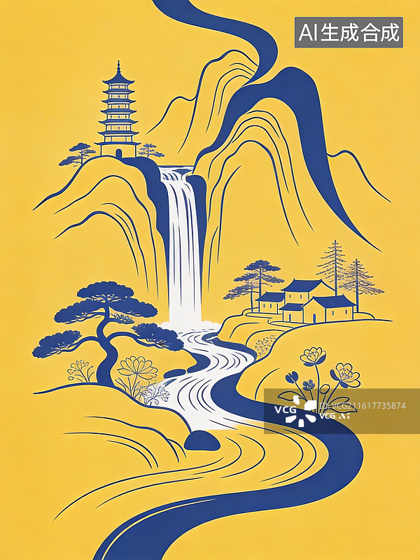 【AI数字艺术】山水楼阁溪流图图片素材