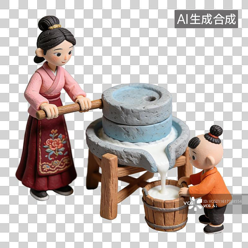 【AI数字艺术】3D粘土风女子身穿传统汉服使用石磨研磨黄豆豆腐场景元素图片素材