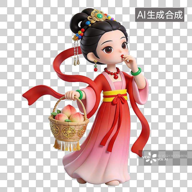 【AI数字艺术】3D粘土风中式古风仕女形象手提装有桃子的竹篮元素图片素材