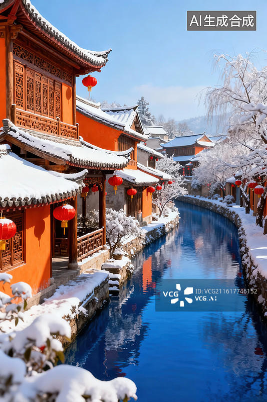 【AI数字艺术】雪后古巷水道风光图片素材