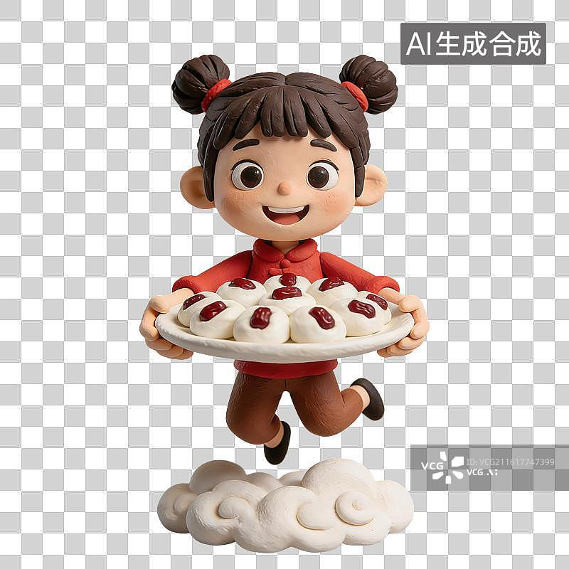 【AI数字艺术】3D立体女孩端着一盘带大枣的馒头传统年俗腊月二十八蒸馒头元素图片素材