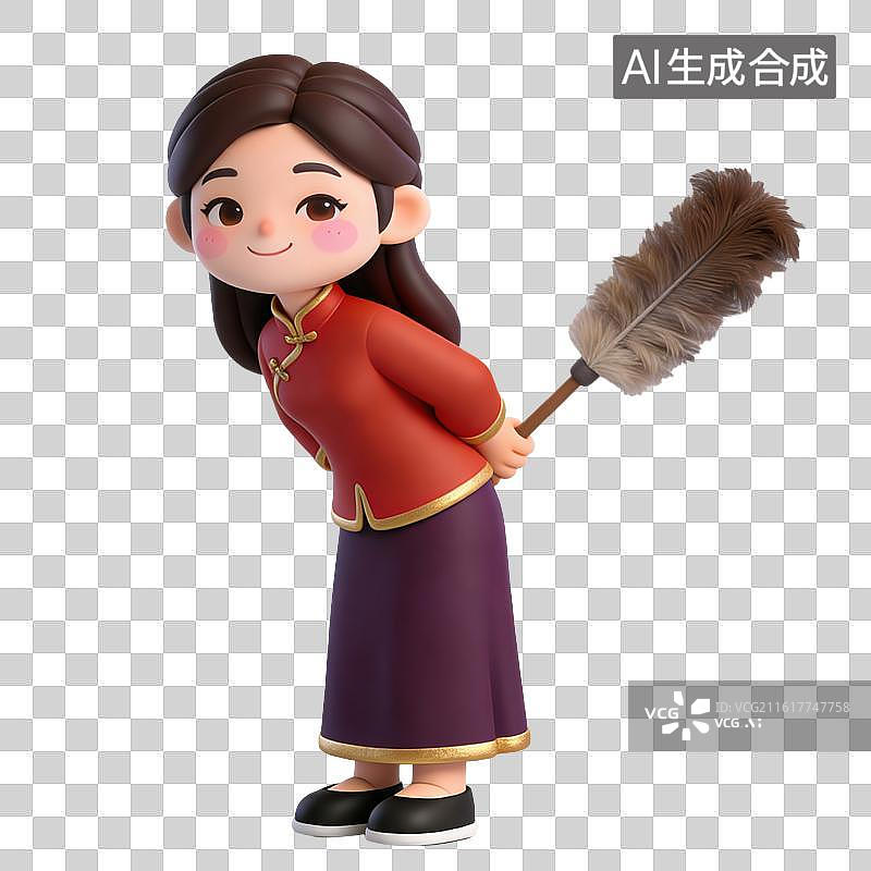 【AI数字艺术】3D立体春节除夕穿着中式服装的女子拿着鸡毛掸子打扫房间元素图片素材