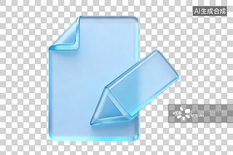 【AI数字艺术】蓝色玻璃质感文件与笔图标图片素材
