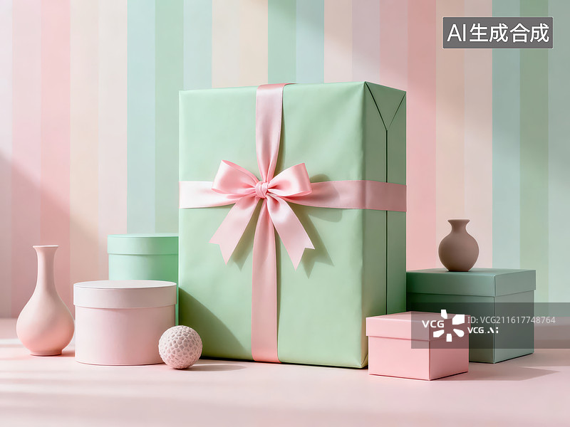 【AI数字艺术】粉色条纹背景下的礼品盒图片素材
