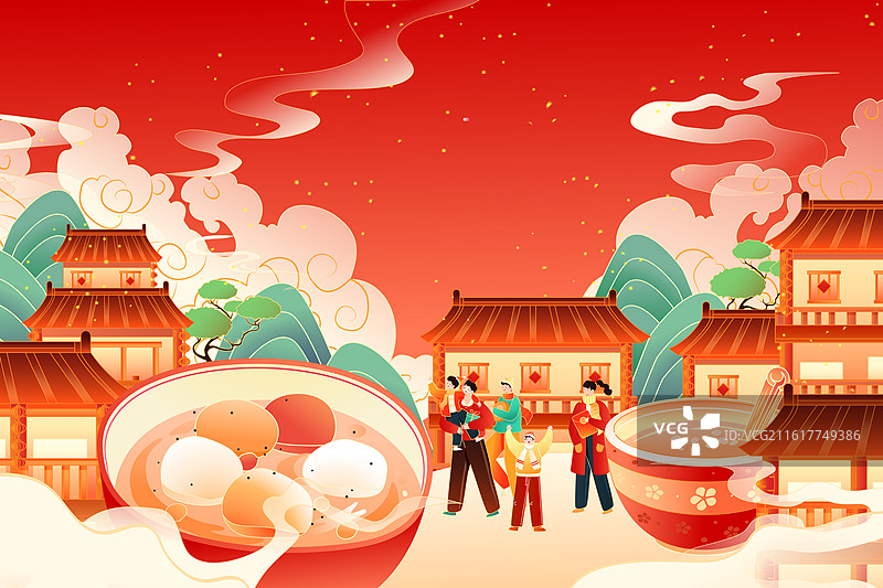 卡通新年春节元宵节汤圆年货节美食餐饮吃饭家人亲子团圆电商促销优惠活动古建筑背景中国风国潮渐变矢量插画图片素材