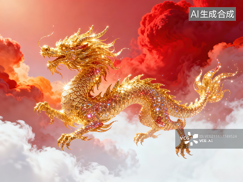 【AI数字艺术】金色巨龙翱翔于云霄图片素材