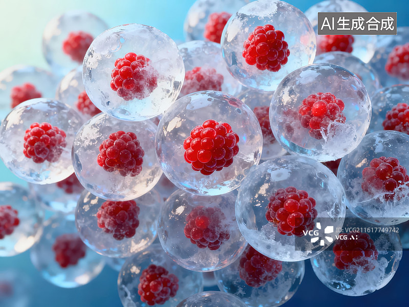【AI数字艺术】冰封覆盆子特写图片素材