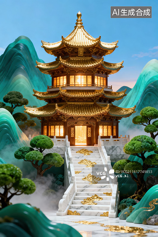 【AI数字艺术】金色楼阁山间仙境图片素材