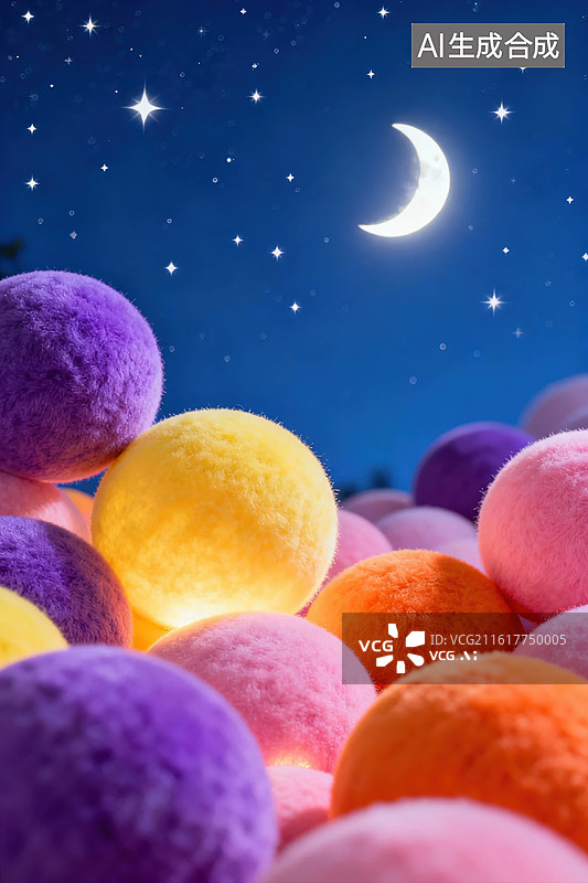 【AI数字艺术】夜空下的彩色毛绒球图片素材