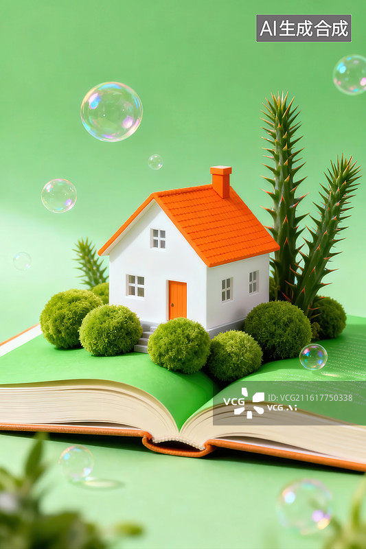 【AI数字艺术】书页上的小屋与绿植图片素材