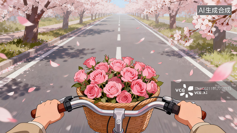 【AI数字艺术】骑行者手握花篮的樱花道图片素材