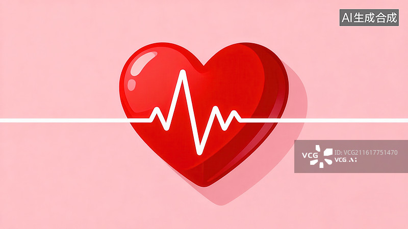 【AI数字艺术】红色心形与心跳线条图片素材