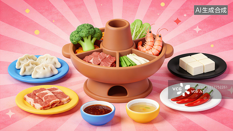【AI数字艺术】3D粘土风桌上摆放着铜锅火锅涮菜配菜丰盛菜肴新春团圆饭场景图片素材