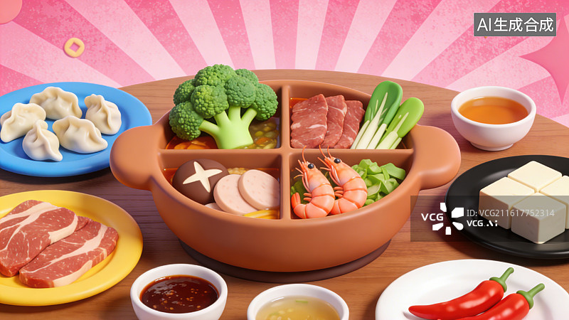 【AI数字艺术】3D粘土风桌上摆放着铜锅火锅涮菜配菜丰盛菜肴新春团圆饭场景图片素材