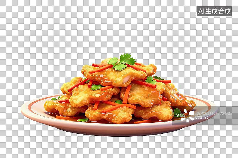 【AI数字艺术】卡通风格，一盘美味的锅包肉PNG格式的免扣元素图片素材