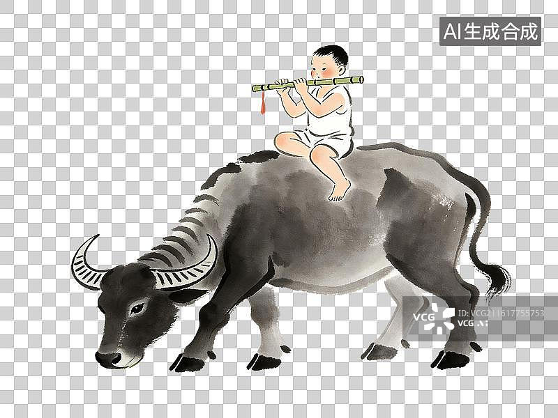 【AI数字艺术】2d平面牧童放牛插画图片素材