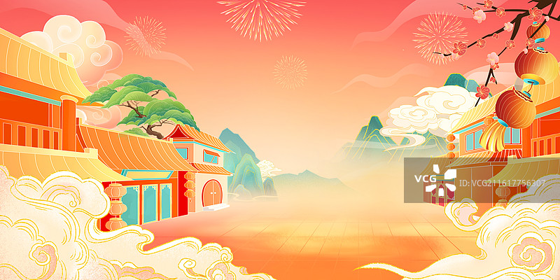 2026马年创意国潮风春节插画 除夕贺团圆 古代街道建筑背景 喜庆氛围 横版图片素材