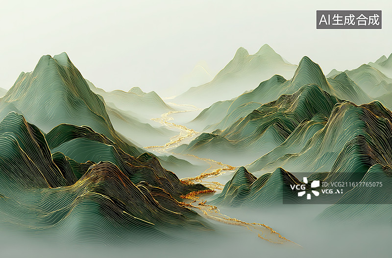 【AI数字艺术】层峦叠嶂的山水画卷图片素材