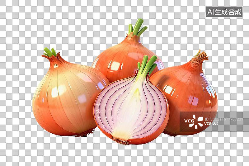【AI数字艺术】卡通风格，新鲜的洋葱，其中一颗对半切开PNG格式的免扣元素图片素材