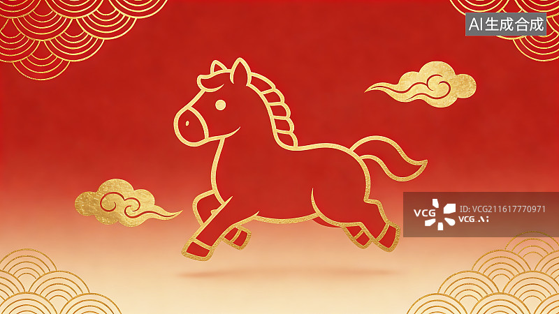 【AI数字艺术】中国新年红色剪纸马与祥云图片素材