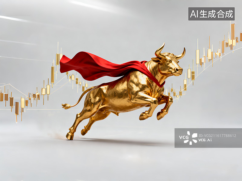【AI数字艺术】牛市 金价上涨 黄金价格暴涨 金融 股市 投资 股票上涨 金牛座 科技 比特币图片素材