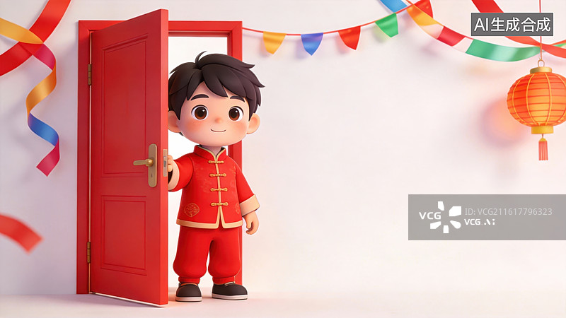 【AI数字艺术】卡通男孩开门迎新春图片素材