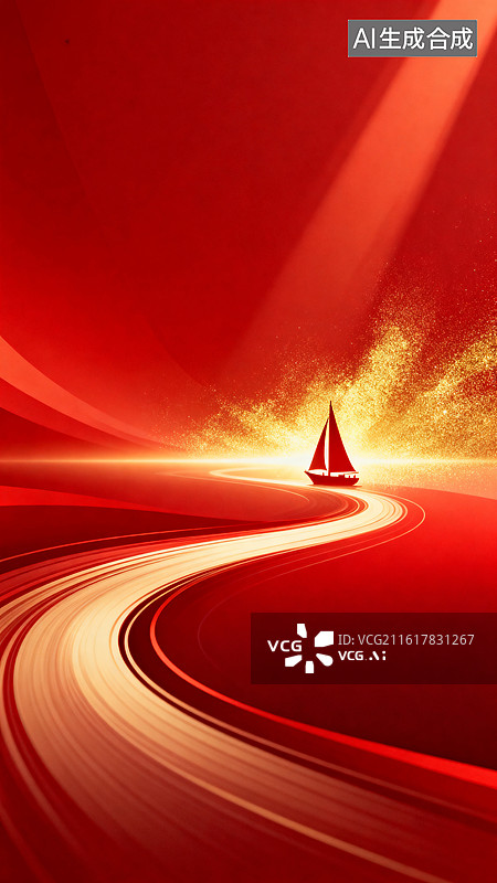 【AI数字艺术】红色背景中帆船航行于光轨蜿蜒水道之上图片素材