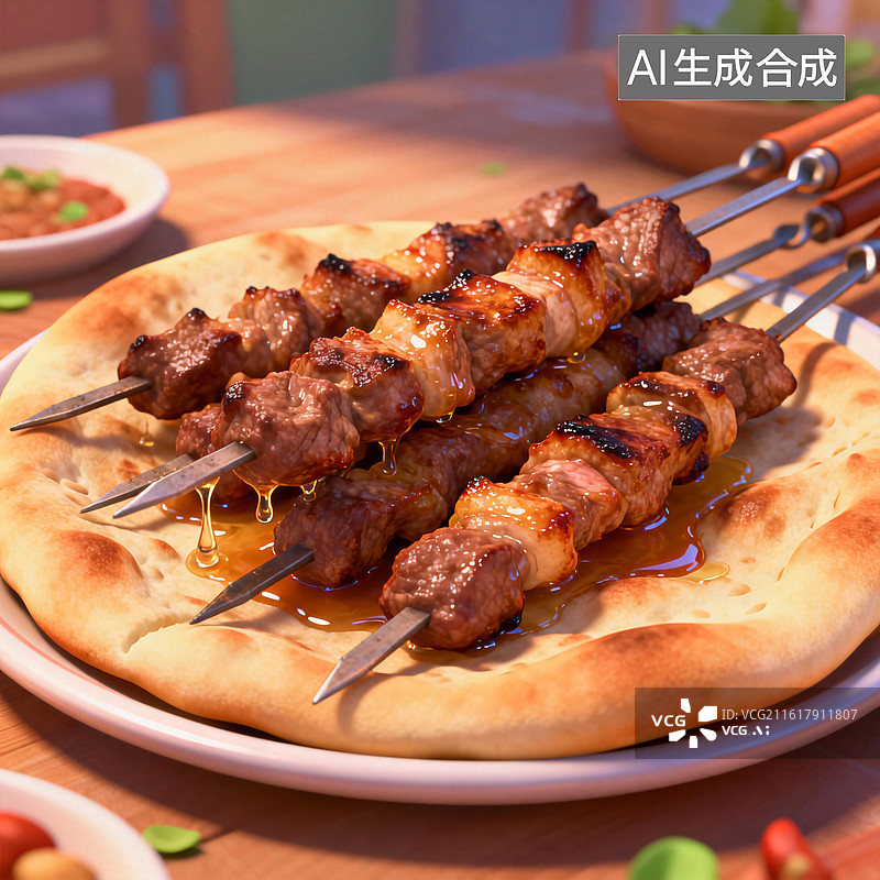 【AI数字艺术】3d卡通风格馕饼和大串烤羊肉图片素材