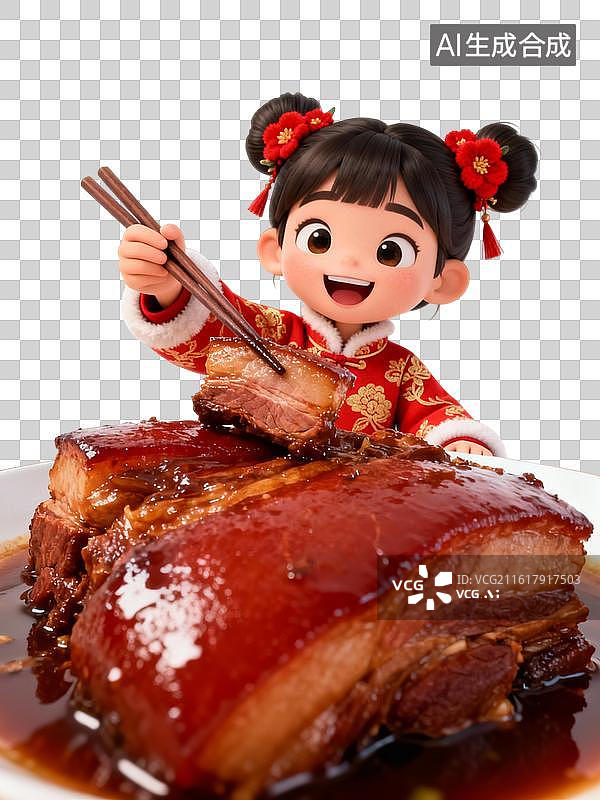 【AI数字艺术】年味拉满！萌娃炫出 “硬核” 红烧肉，开启肥年 春节主题人物大透视插画图片素材