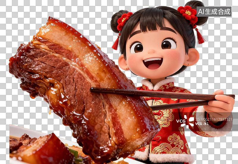 【AI数字艺术】硬核年夜饭！萌娃夹起 “比脸大” 的红烧肉，年味直接拉满图片素材