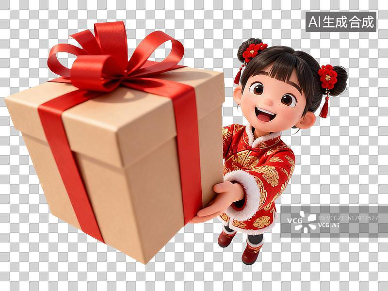 【AI数字艺术】新春好礼送到家！萌娃抱巨型礼盒拜年啦 春节主题人物大透视插画图片素材