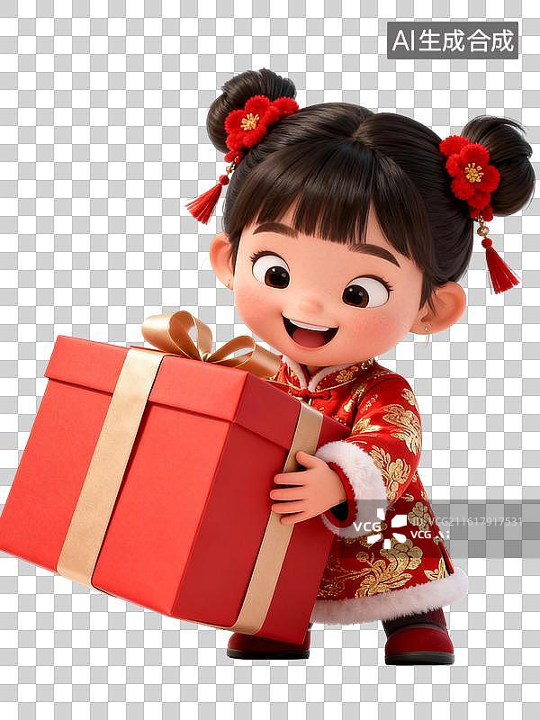 【AI数字艺术】小女孩抱礼盒贺新年！红金礼盒里藏满新春祝福 春节主题人物大透视插画图片素材