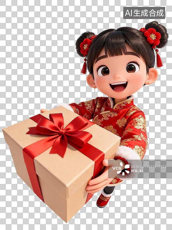 【AI数字艺术】萌娃递出红带礼盒，拆出一年好运气 春节主题人物大透视插画图片素材