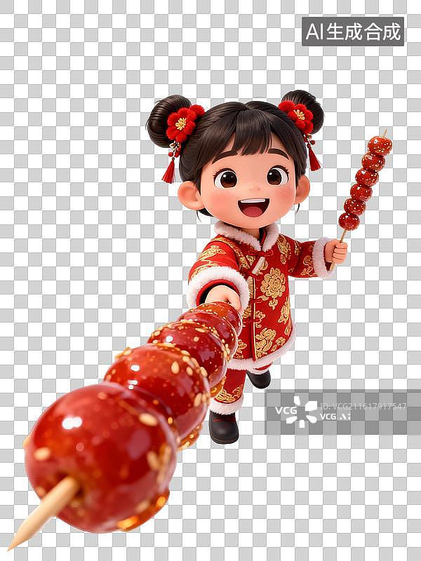 【AI数字艺术】双倍甜蜜！萌娃双手举糖葫芦，祝你新年 “甜上加甜”图片素材