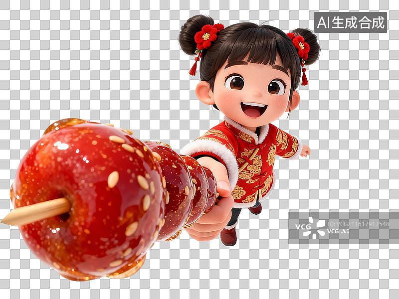 【AI数字艺术】递出甜蜜！萌娃举着糖葫芦拜年 春节主题人物大透视插画图片素材