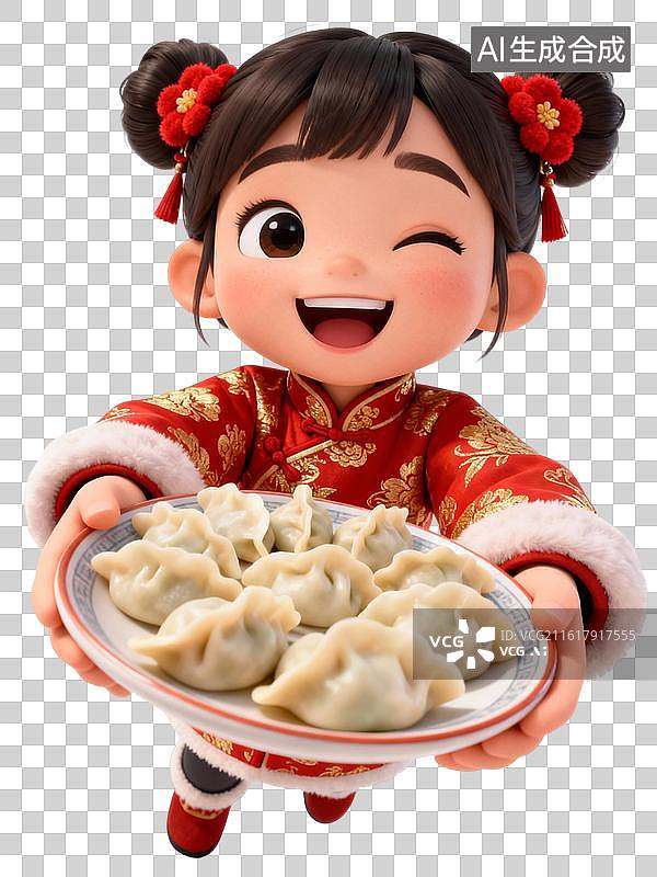 【AI数字艺术】小女孩俏皮眨眼递出饺子 春节主题人物大透视插画图片素材