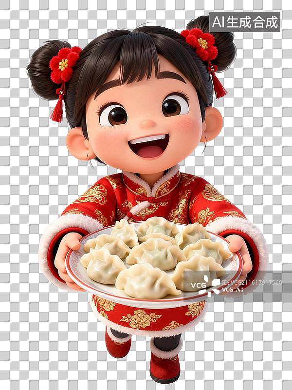 【AI数字艺术】萌娃举着饺子盘 春节主题人物大透视插画图片素材
