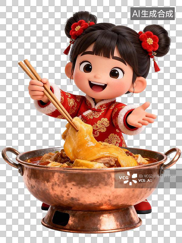 【AI数字艺术】硬菜上桌！萌娃夹起巨型蹄髈，祝你新年 “蹄” 步青云图片素材