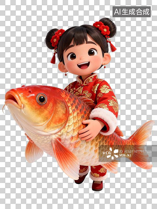 【AI数字艺术】萌娃与锦鲤互动，传递春节锦鲤送福 春节主题人物大透视插画图片素材