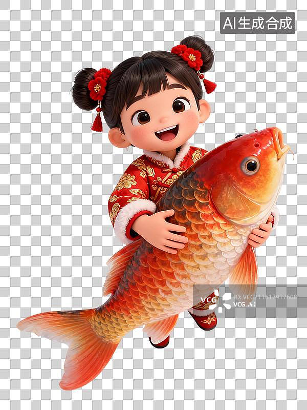 【AI数字艺术】“鱼” 你同行！萌娃双手抱锦鲤贺岁 春节主题人物大透视插画图片素材